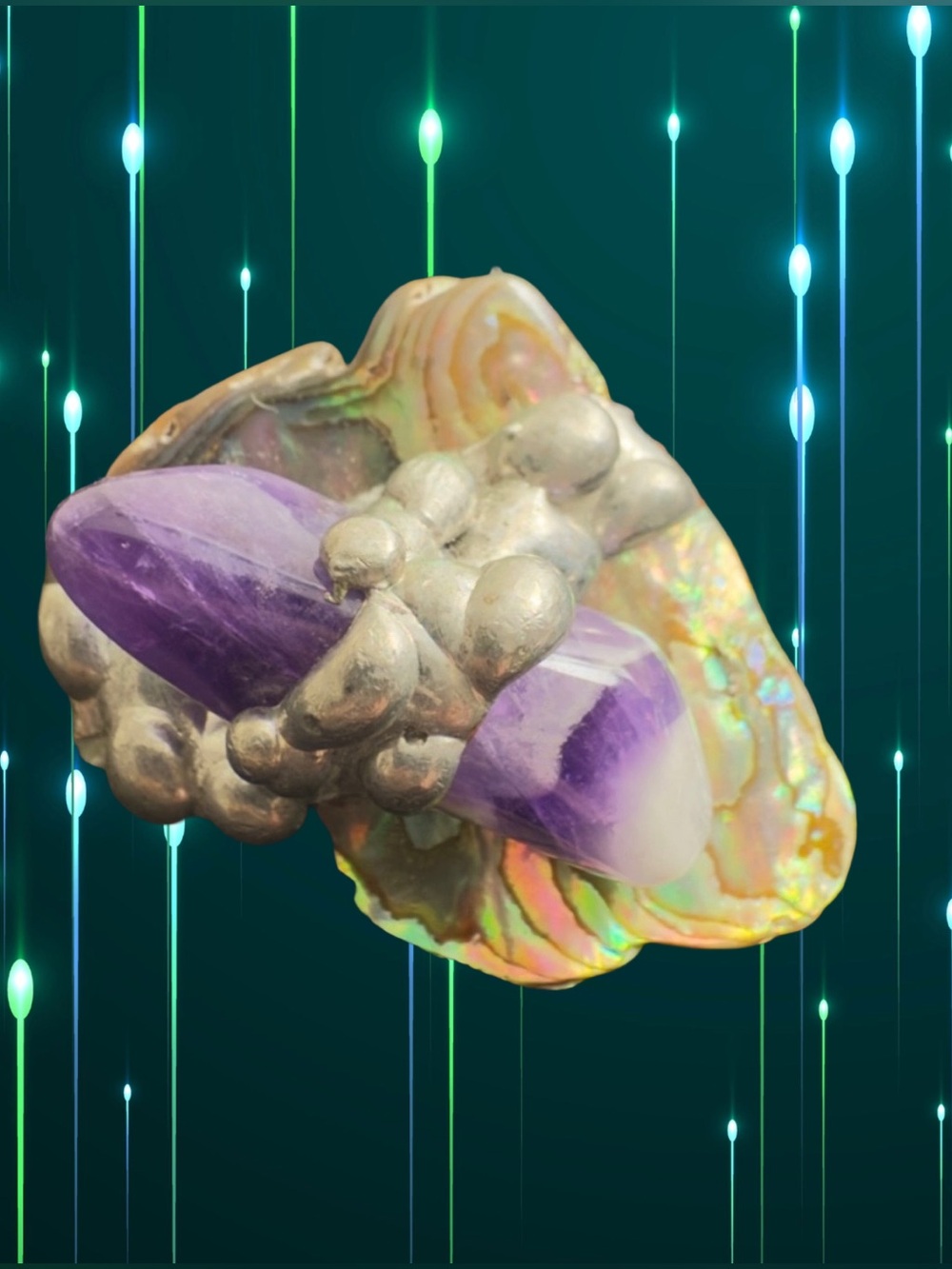 Unique hand-crafted brooch featuring an abalone shell and amethyst.